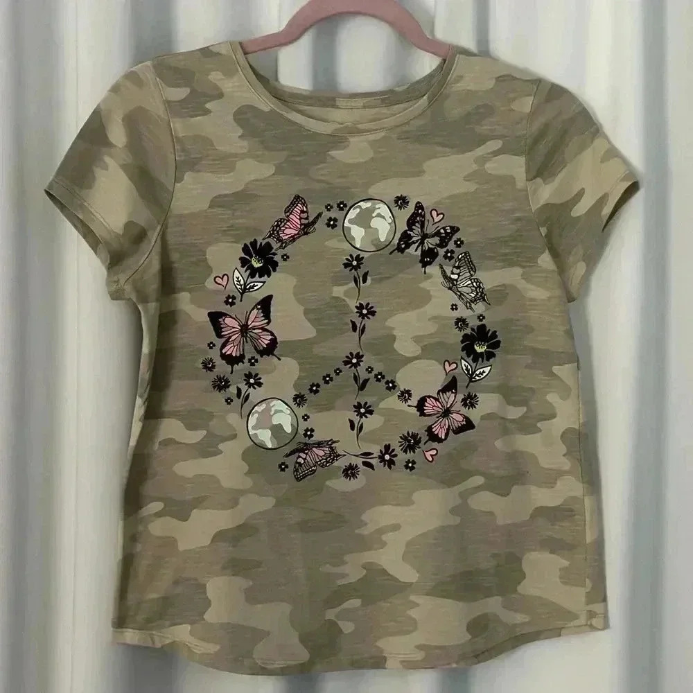 SO Girls Graphic Peace Sign Short Sleeve Camo T-shirt (606)